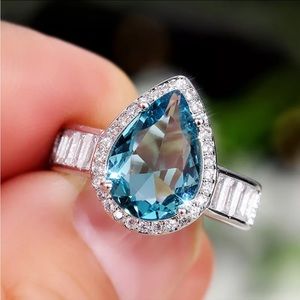 925 STERLING SILVER PEAR SHAPE AQUAMARINE RING